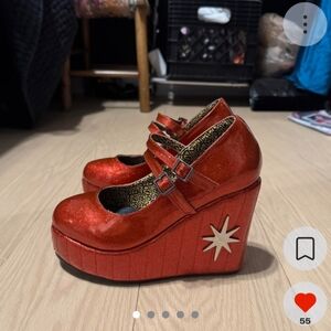 Red Platform Mary Jane Shoes with Star Detail